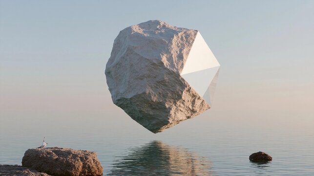 Large rock floating in the middle of a body of water. the rock appears to be made of a light-colored material, possibly stone or concrete, and has a smooth, polished surface.
