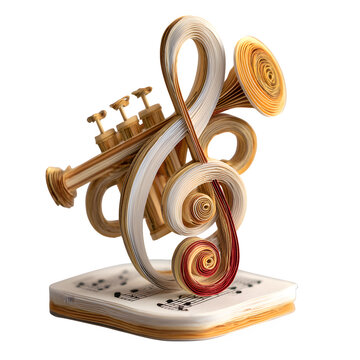 Handcrafted paper pop-up model of a trumpet and treble clef musical note on a white base