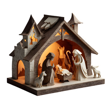 Handcrafted paper pop-up nativity scene featuring mary joseph and baby jesus in rustic stable setting