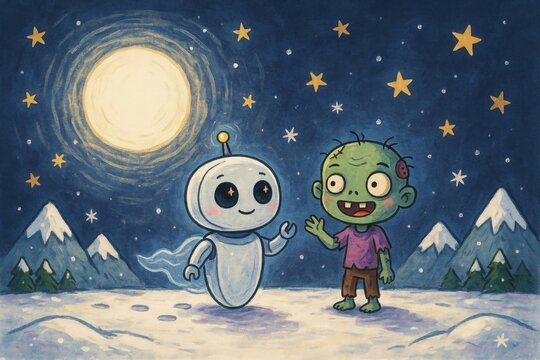 Kid's crayon drawing of a cute little robot ghost and a friendly green zombie boy standing together under a bright full moon at nighttime.