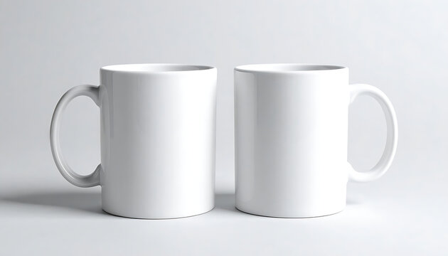 Two blank white ceramic mugs side by side on a plain light gray background, ideal for customization and product mockups
