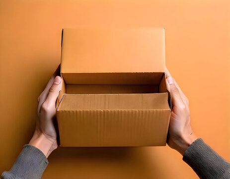 Person holding empty brown cardboard box with flaps open