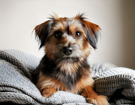 Cute small brown and black dog lying on a cozy gray couch