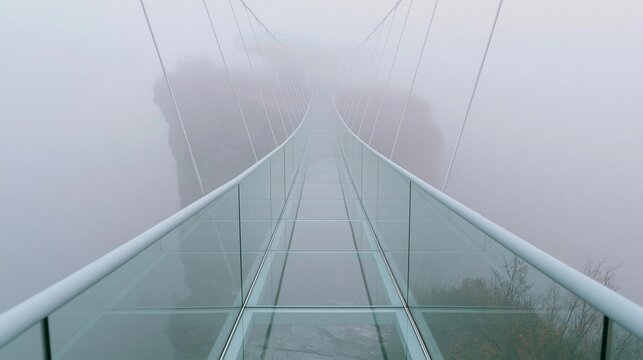 Glass walkway with a curved glass railing. the walkway appears to be made of glass and is suspended over a foggy landscape. the sky is overcast and the fog creates a hazy, misty atmosphere.