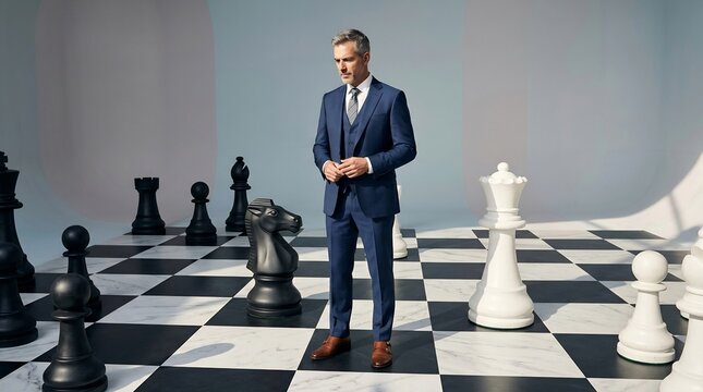 Professional man in a blue three-piece suit standing on a giant chessboard among oversized pieces contemplating strategy