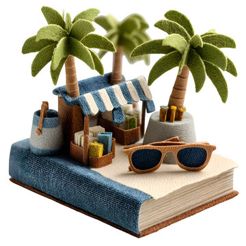 Handcrafted paper palm beach hut with sunglasses and drinks on sandy beach diorama