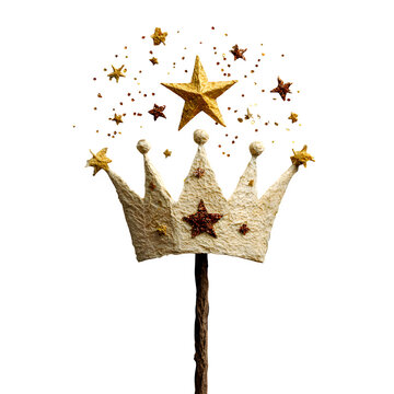 Handcrafted paper crown with starburst design on wooden stick for event decoration
