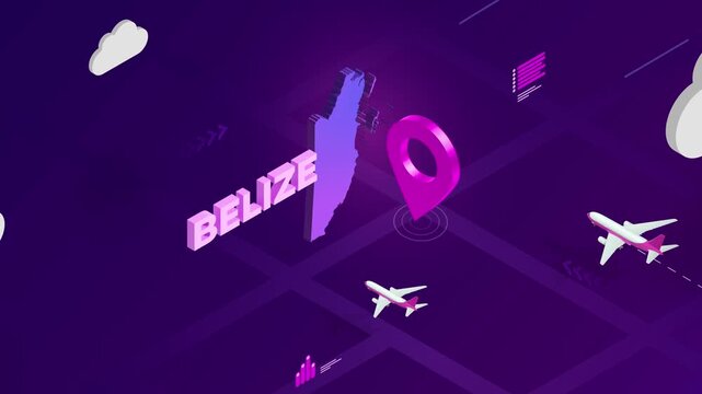 Isometric Design, Belize Map Silhouette Location Pin and Airplanes on Purple Animation, Travel Background