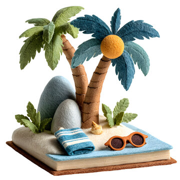 Handcrafted paper pop-up palm tree beach scene with sunglasses and towel on sandy base