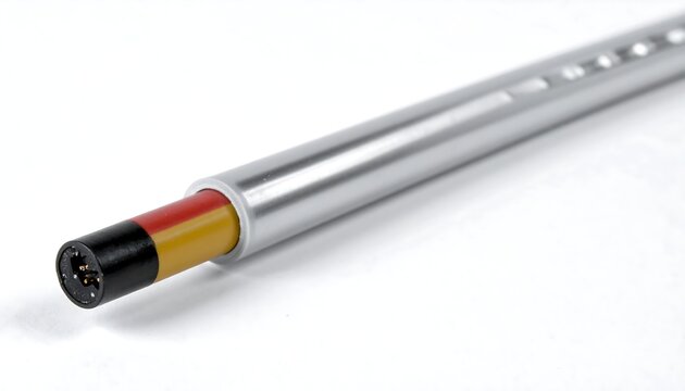 Close-up of a metal object with colored sections and perforations on a white background