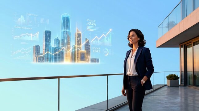 Professional business woman in a suit observing a holographic futuristic city skyline with financial growth data on a modern balcony