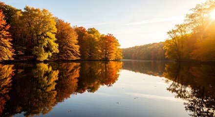 Autumn forest canopy reflected in calm lake during golden hour sunset with warm light © MIRNasir