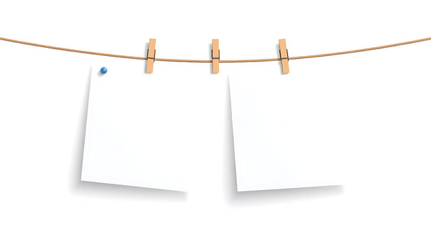 Two blank white paper notes pinned to a rope clothesline with wooden clothespins, simple outdoor background