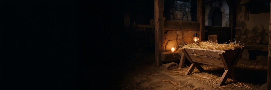 Nativity manger scene with straw and candle light. Christmas religious background with copy space on the left