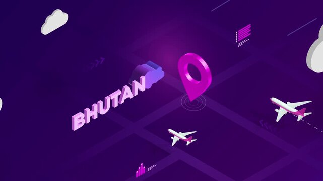 Isometric Design, Bhutan Map Silhouette Location Pin and Airplanes on Purple Animation, Travel Background