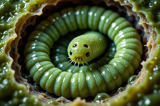 Macro shot of green parasite worm curled inside human tissue. Close up view shows segments of intestinal helminth larva. Medical microscopic imagery biological pathogen infection inside digestive