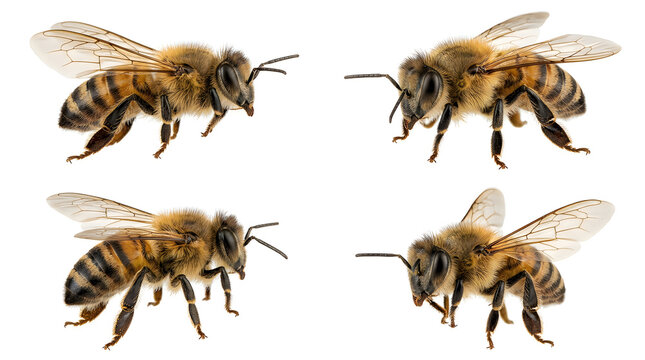 Honey bees isolated on white background. Macro collection of four flying insects.