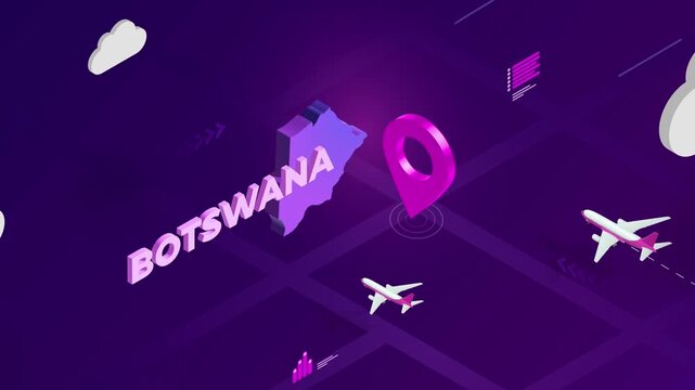 Isometric Design, Botswana Map Silhouette Location Pin and Airplanes on Purple Animation, Travel Background