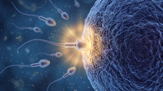Macro photograph of a precision glass microinjection pipette holding a single selected sperm cell beside a human egg during Intracytoplasmic Sperm Injection (ICSI), advanced IVF laboratory and fertili
