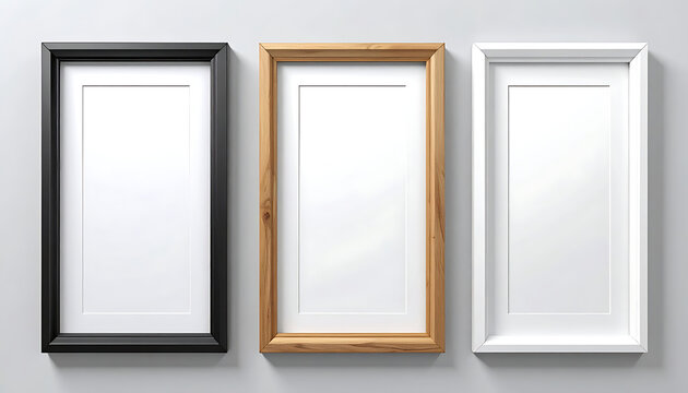 three empty picture frames, black, wood, and white, on a neutral gray wall, ready for artwork or photos
