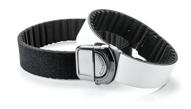 Close-up view of a black leather belt with silver buckle.