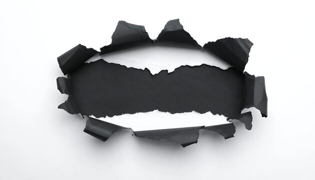 Torn paper revealing black darkness, isolated on white, abstract texture background for design