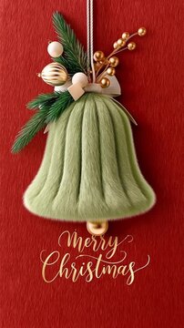 Fluffy soft bell, Christmas ball, berry. Merry Christmas card on a red background.