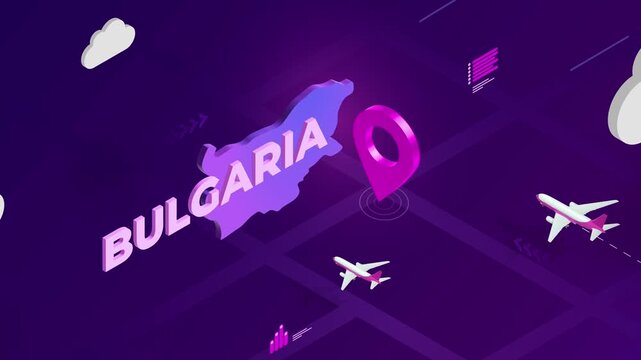Isometric Design, Brazil Map Silhouette Location Pin and Airplanes on Purple Animation, Travel Background