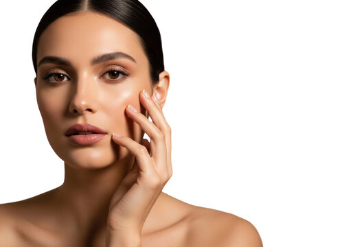 Beautiful young woman touching her face isolated on transparent background