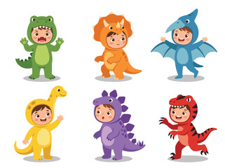 Collection vector set of kids wearing dinosaur costumes in various pose and expressions. Perfect for prehistoric themes, nursery decor, books, posters, games and stickers © Amie