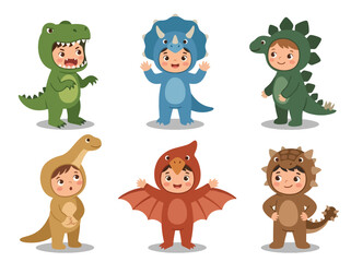 Collection vector set of kids wearing dinosaur costumes in various pose and expressions. Perfect for prehistoric themes, nursery decor, books, posters, games and stickers © Amie