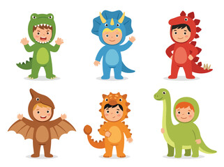 Collection vector set of kids wearing dinosaur costumes in various pose and expressions. Perfect for prehistoric themes, nursery decor, books, posters, games and stickers © Amie