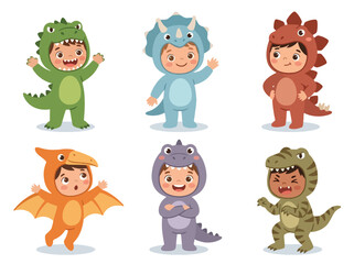 Collection vector set of kids wearing dinosaur costumes in various pose and expressions. Perfect for prehistoric themes, nursery decor, books, posters, games and stickers © Amie