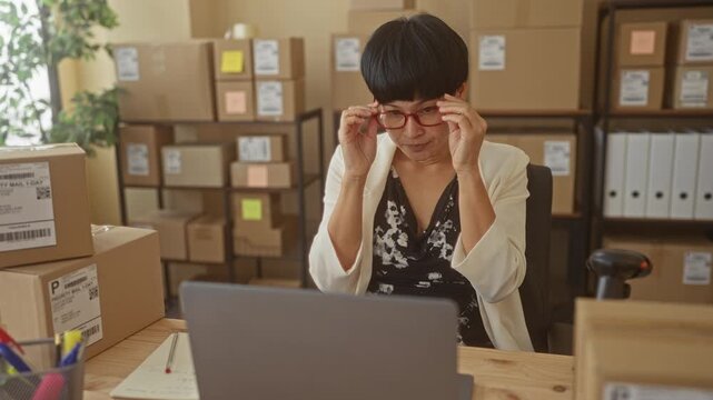 Woman at laptop with stacked shipping boxes, adjusting glasses and rubbing temples while checking orders in building; stress entrepreneurship.