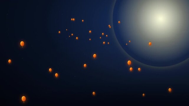 Glowing sky lanterns floating in the night sky towards a full moon