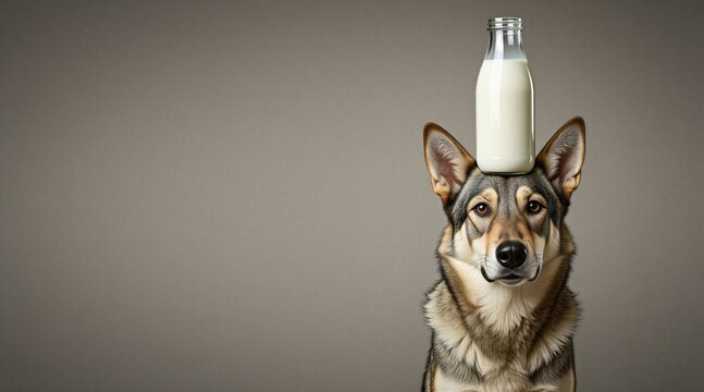 Dog balances milk bottle on head in studio. Animal maintains focus, bottle steady. Neutral background emphasizes pet. Calm canine shows concentration.