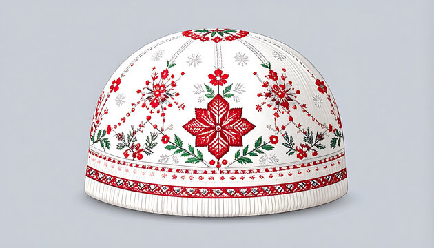 Traditional embroidered skullcap with red and green floral pattern, fringe trim, cultural headwear detail