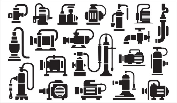 Industrial Pipe Fitting Icon Collection with Black Plumbing Component Silhouettes