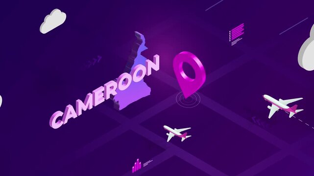 Isometric Design, Cameroon Map Silhouette Location Pin and Airplanes on Purple Animation, Travel Background