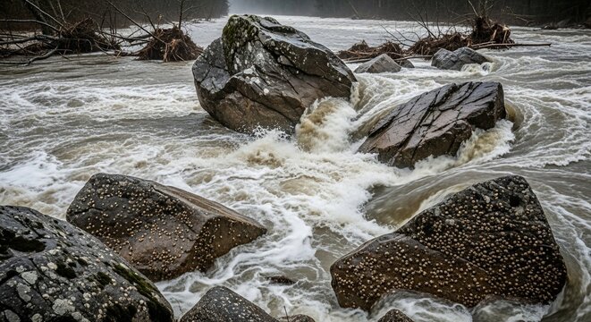 Rushing water flowing around boulders