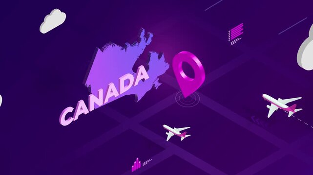 Isometric Design, Canada Map Silhouette Location Pin and Airplanes on Purple Animation, Travel Background