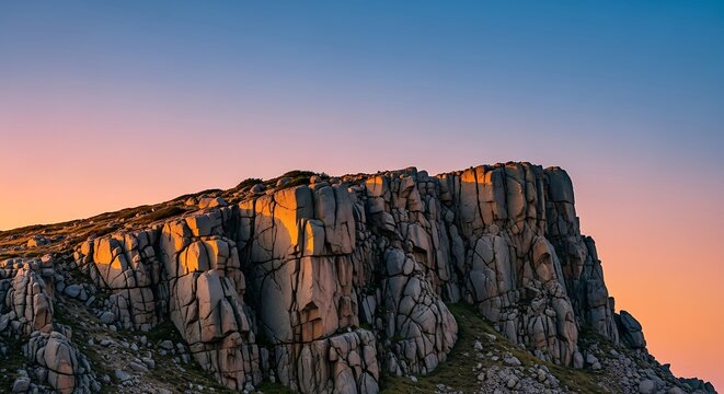 Granite cliff face illuminated by warm sunset glow during twilight with clear sky