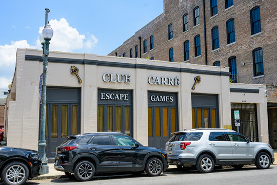 New Orleans, LA, USA - July 3, 2026: Front of Clue Carre, an Escape Room, on Union Street in the Central Business District