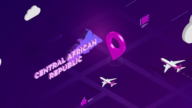 Isometric Design, Central African Republic Map Silhouette Location Pin and Airplanes on Purple Animation, Travel Background
