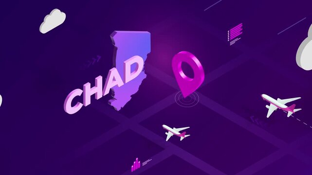 Isometric Design, Chad Map Silhouette Location Pin and Airplanes on Purple Animation, Travel Background