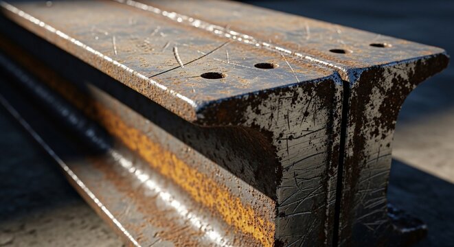 Rusty metal railroad track close up