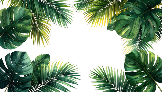 Tropical palm leaves and monstera leaves frame, lush green foliage border with light bokeh effect, natural summer backdrop