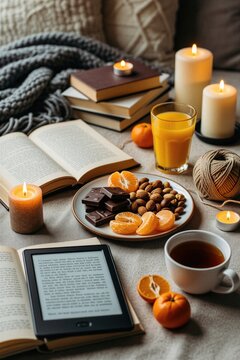 Stack of open books, electronic reader sit on table with warm tea, fresh juice. Plate of chocolate nuts, mandarin fruits rests near soft knitted blanket plus glowing candles. Indoor autumn scene