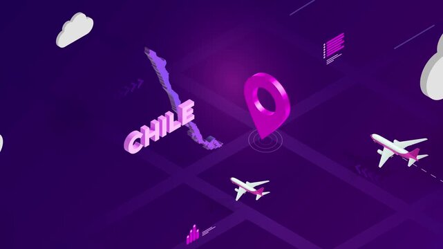 Isometric Design, Chile Map Silhouette Location Pin and Airplanes on Purple Animation, Travel Background