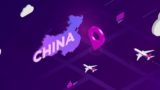 Isometric Design, China Map Silhouette Location Pin and Airplanes on Purple Animation, Travel Background